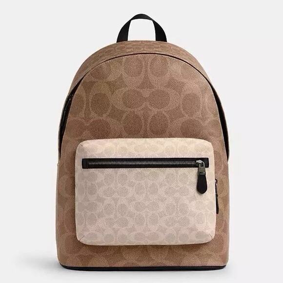 NWT Coach Men’s West Backpack In Blocked Signature Canvas CAB59 Sand/Tan - Picture 5 of 9